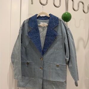 CHANEL Denim Jacket with Blue Tweed Collar